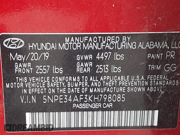 2019 Hyundai Sonata SEL with VIN 5NPE34AF3KH798085, listed as a IAAI auction lot 41822172 with 71,189 mi miles and . Bid and sale history available at DreamBid. Image 9.