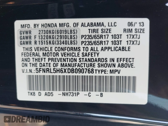 2013 Honda Odyssey EX-L with VIN 5FNRL5H6XDB090768, listed as a IAAI auction lot 42008759 with 116,052 mi miles and . Bid and sale history available at carsss.com. Image 9.