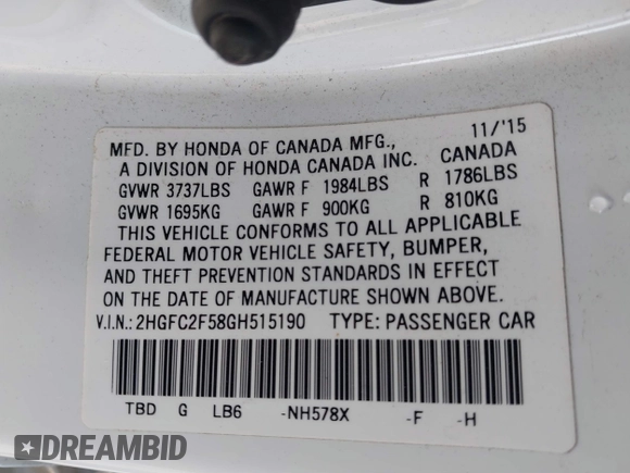 2016 Honda Civic Sedan LX with VIN 2HGFC2F58GH515190, listed as a IAAI auction lot 41017534 with 135,389 mi miles. Bid and sale history available at carsss.com. Image 7.