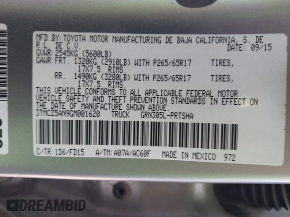 2016 Toyota Tacoma SR with VIN 3TMCZ5AN9GM001620, listed as a IAAI auction lot 41902924 with 117,462 mi miles. Bid and sale history available at carsss.com. Image 9.