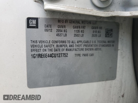 2012 Chevrolet Volt with VIN 1G1RE6E44CU127752, listed as a Copart auction lot 55472525 with 120,628 mi miles and Clean Title. Bid and sale history available at DreamBid. Image 12.
