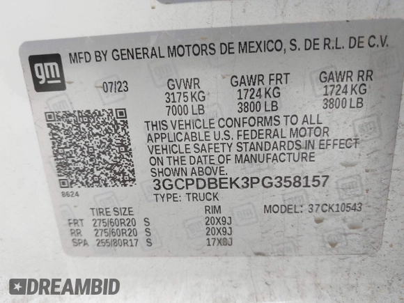 2023 Chevrolet Silverado 1500 Custom with VIN 3GCPDBEK3PG358157, listed as a IAAI auction lot 41748227 with 38,139 mi miles and . Bid and sale history available at DreamBid. Image 9.