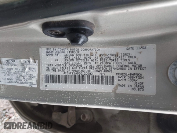 2003 Toyota Highlander z VIN JTEHF21A930120092, wystawiony jako IAAI lot #41857752 z przebiegiem 229 609 mil mil oraz . Historia ofert i sprzedaży dostępna na DreamBid. Obrazek 9.