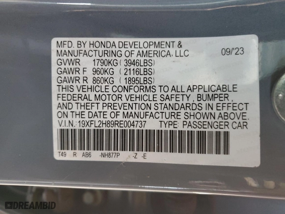 2024 Honda Civic Hatchback Sport with VIN 19XFL2H89RE004737, listed as a Copart auction lot 48701785 with 15,214 mi miles and Salvage Title. Bid and sale history available at carsss.com. Image 14.