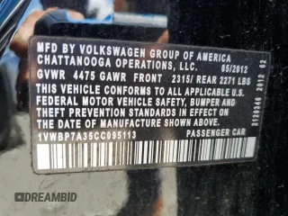 2012 Volkswagen Passat SE z VIN 1VWBP7A35CC095113, wystawiony jako Copart lot #56704005 z przebiegiem 173 932 mil mil oraz Szkoda całkowita • Salvage title. Historia ofert i sprzedaży dostępna na DreamBid. Obrazek 12.