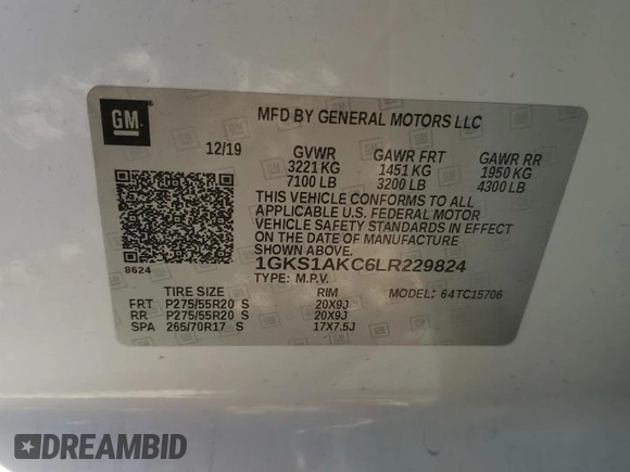 2020 GMC Yukon SLE with VIN 1GKS1AKC6LR229824, listed as a Copart auction lot 85341594 with 79,703 mi miles and Salvage Title. Bid and sale history available at carsss.com. Image 13.