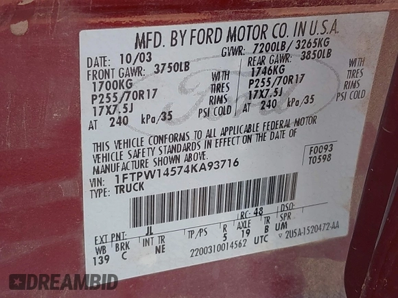 2004 Ford F-150 XLT с VIN 1FTPW14574KA93716, выставлен на аукционе IAAI как лот 42366061 с пробегом 224 799 миль миль и . История ставок и продаж доступна на DreamBid. Изображение 9.