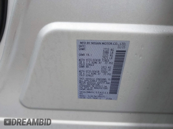 2015 Infiniti QX60 with VIN 5N1AL0MM4FC554511, listed as a IAAI auction lot 41065737 with 205,077 mi miles and . Bid and sale history available at DreamBid. Image 9.