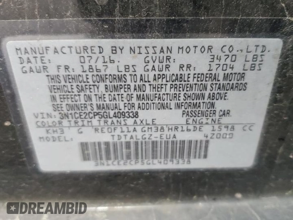 2016 Nissan Note SL with VIN 3N1CE2CP5GL409338, listed as a Copart auction lot 50560435 with 57,261 mi miles and Salvage title. Bid and sale history available at DreamBid. Image 14.