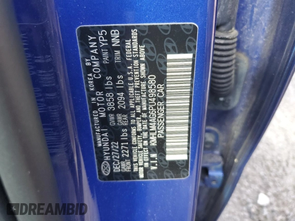 2023 Hyundai Elantra SEL with VIN KMHLM4AG6PU498580, listed as a Copart auction lot 48517715 with 24,079 mi miles and Salvage Title. Bid and sale history available at DreamBid. Image 12.