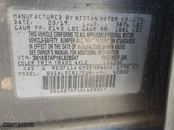 2019 Nissan Sentra SV with VIN 3N1AB7AP1KL628547, listed as a Copart auction lot 49059075 with 100,760 mi miles and Non Repairable. Bid and sale history available at carsss.com. Image 12.