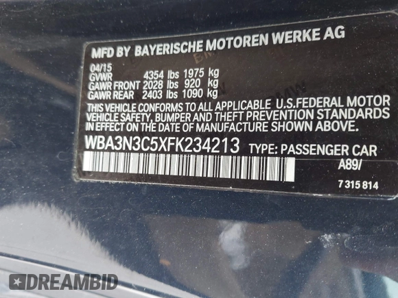 2015 BMW 4 Series 428i with VIN WBA3N3C5XFK234213, listed as a IAAI auction lot 42156861 with 60,324 mi miles and . Bid and sale history available at DreamBid. Image 9.