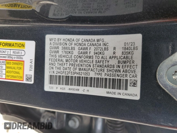 2023 Honda Civic Sport with VIN 2HGFE2F53PH521053, listed as a Copart auction lot 57096835 with 55,800 mi miles and Salvage title. Bid and sale history available at DreamBid. Image 12.