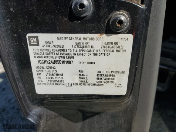 2005 Chevrolet Silverado 2500HD with VIN 1GCHK24U85E181087, listed as a Copart auction lot 61059814 with 0 mi miles and Salvage Title. Bid and sale history available at carsss.com. Image 12.