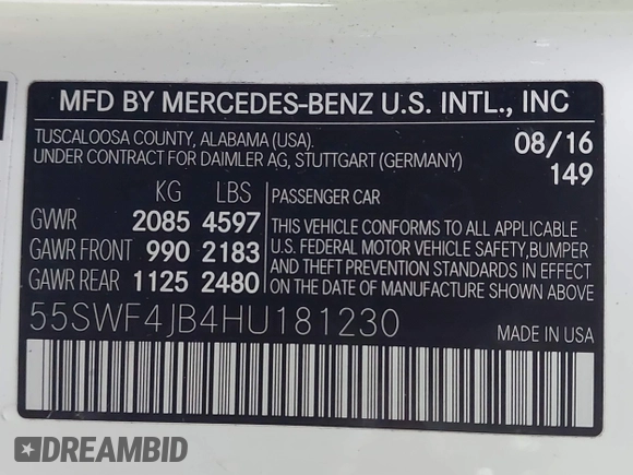 2017 Mercedes-Benz C 300 with VIN 55SWF4JB4HU181230, listed as a IAAI auction lot 41607925 with 70,316 mi miles and . Bid and sale history available at DreamBid. Image 9.