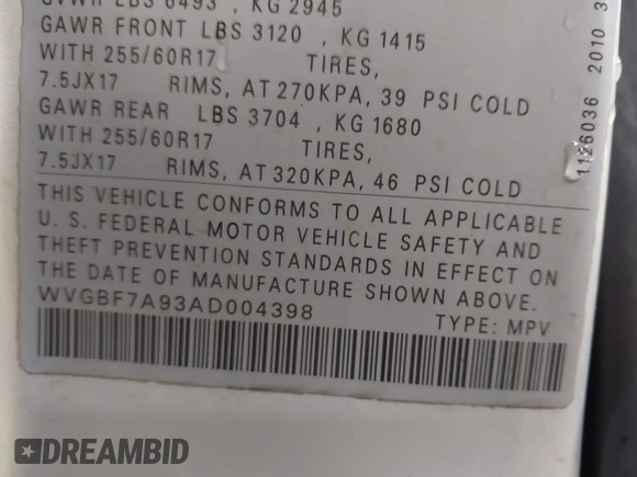 2010 Volkswagen Touareg VR6 with VIN WVGBF7A93AD004398, listed as a IAAI auction lot 41470257 with 108,181 mi miles and . Bid and sale history available at DreamBid. Image 9.