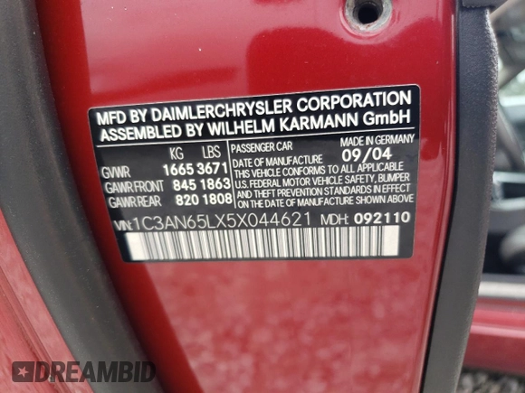 2005 Chrysler Crossfire Limited with VIN 1C3AN65LX5X044621, listed as a Copart auction lot 51674255 with 142,026 mi miles and Salvage Title. Bid and sale history available at DreamBid. Image 12.