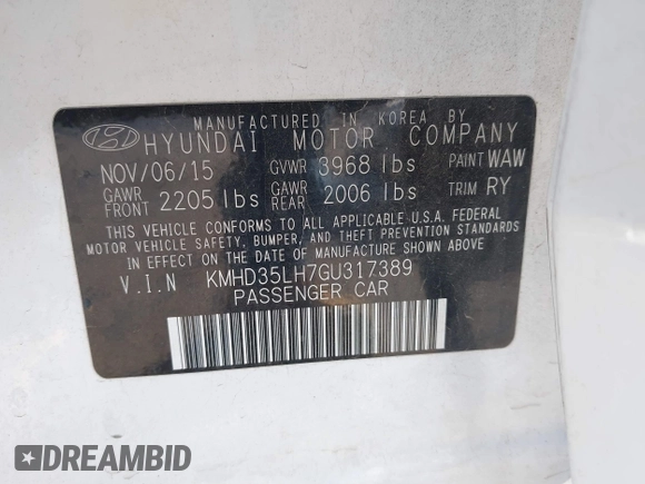 2016 Hyundai Elantra z VIN KMHD35LH7GU317389, wystawiony jako IAAI lot #41640719 z przebiegiem Nie podano mil oraz . Historia ofert i sprzedaży dostępna na DreamBid. Obrazek 9.