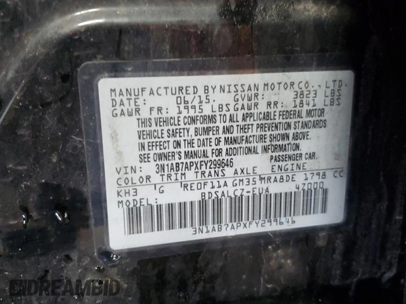 2015 Nissan Sentra S with VIN 3N1AB7APXFY299646, listed as a Copart auction lot 50869775 with 63,649 mi miles and Salvage Title. Bid and sale history available at carsss.com. Image 12.