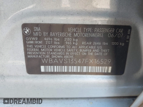 2007 BMW 3 Series 328i with VIN WBAVS13547FX16529, listed as a IAAI auction lot 41769488 with 88,993 mi miles. Bid and sale history available at carsss.com. Image 9.