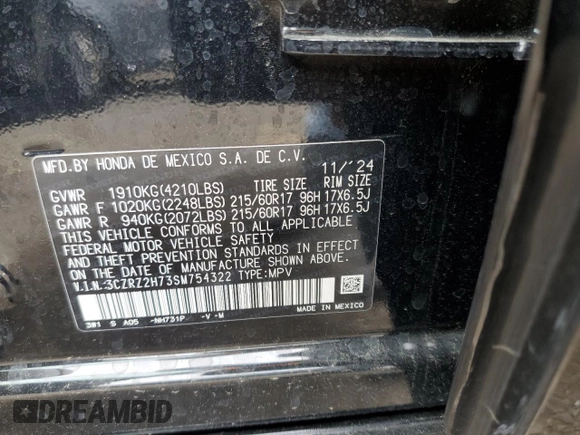 2025 Honda HR-V EX-L z VIN 3CZRZ2H73SM754322, wystawiony jako Copart lot #54138475 z przebiegiem 2 078 mil mil oraz Szkoda całkowita • Salvage title. Historia ofert i sprzedaży dostępna na DreamBid. Obrazek 12.