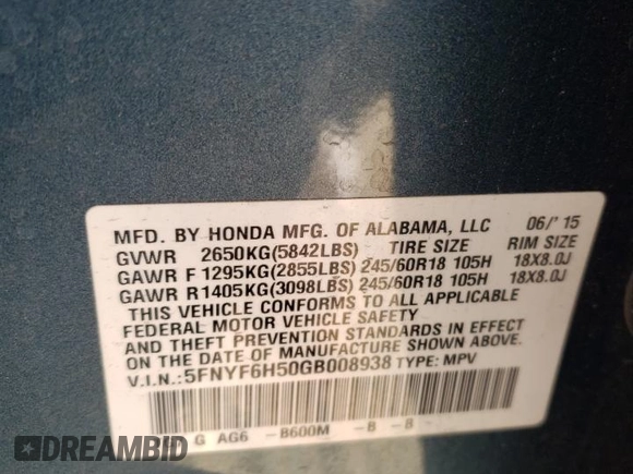 2016 Honda Pilot EX-L with VIN 5FNYF6H50GB008938, listed as a Copart auction lot 50459215 with 102,743 mi miles and Salvage Title. Bid and sale history available at DreamBid. Image 13.