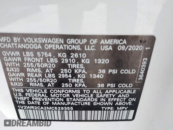 2021 Volkswagen Atlas SE z VIN 1V2WR2CA2MC529355, wystawiony jako IAAI lot #41972048 z przebiegiem 63 970 mil mil oraz . Historia ofert i sprzedaży dostępna na DreamBid. Obrazek 9.