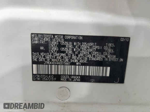 2010 Toyota RAV4 Ltd with VIN JTMDK4DV4AD015667, listed as a Copart auction lot 52494325 with 157,607 mi miles and Salvage Title. Bid and sale history available at carsss.com. Image 14.