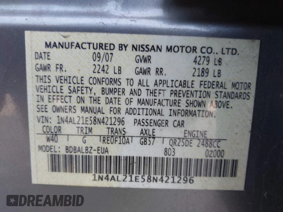2008 Nissan Altima 2.5 SL with VIN 1N4AL21E58N421296, listed as a IAAI auction lot 41772701 with 162,671 mi miles. Bid and sale history available at carsss.com. Image 9.