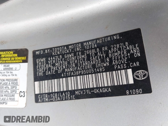 2005 Toyota Solara SE with VIN 4T1FA38P95U051485, listed as a IAAI auction lot 42618864 with 203,214 mi miles and . Bid and sale history available at DreamBid. Image 9.
