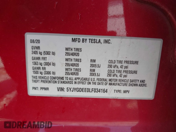 2020 Tesla Model Y Long Range z VIN 5YJYGDEE0LF034164, wystawiony jako IAAI lot #42080304 z przebiegiem 55 520 mil mil oraz . Historia ofert i sprzedaży dostępna na DreamBid. Obrazek 9.