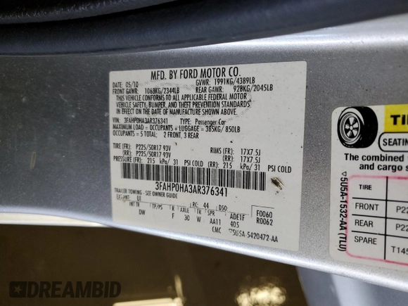 2010 Ford Fusion SE with VIN 3FAHP0HA3AR376341, listed as a Copart auction lot 48744485 with 158,952 mi miles and Salvage Title. Bid and sale history available at carsss.com. Image 13.