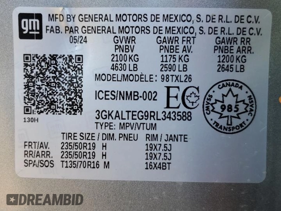 2024 GMC Terrain SLE with VIN 3GKALTEG9RL343588, listed as a Copart auction lot 58863115 with 22,252 mi miles and Salvage title. Bid and sale history available at DreamBid. Image 14.