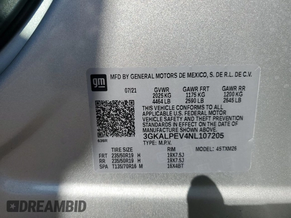 2022 GMC Terrain SLT with VIN 3GKALPEV4NL107205, listed as a Copart auction lot 56172605 with 6,844 mi miles and Salvage title. Bid and sale history available at DreamBid. Image 14.