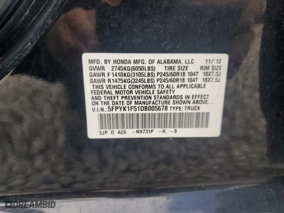 2013 Honda Ridgeline RTL with VIN 5FPYK1F51DB005678, listed as a Copart auction lot 72612564 with 149,727 mi miles and Clean Title. Bid and sale history available at carsss.com. Image 12.