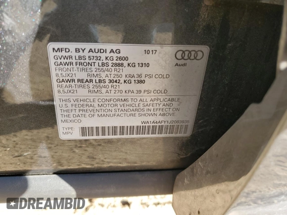 2018 Audi SQ5 Premium Plus with VIN WA1A4AFY1J2083935, listed as a Copart auction lot 75964014 with 72,266 mi miles and Clean Title. Bid and sale history available at DreamBid. Image 13.