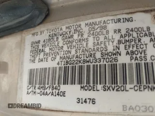 1998 Toyota Camry LE с VIN 4T1BG22K8WU337026, выставлен на аукционе IAAI как лот 42298457 с пробегом Не указан миль и . История ставок и продаж доступна на DreamBid. Изображение 9.