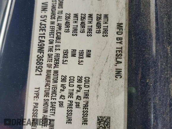 2022 Tesla Model 3 z VIN 5YJ3E1EA9NF368921, wystawiony jako Copart lot #60301705 z przebiegiem 91 048 mil mil oraz Czysty tytuł • Clean title. Historia ofert i sprzedaży dostępna na DreamBid. Obrazek 12.