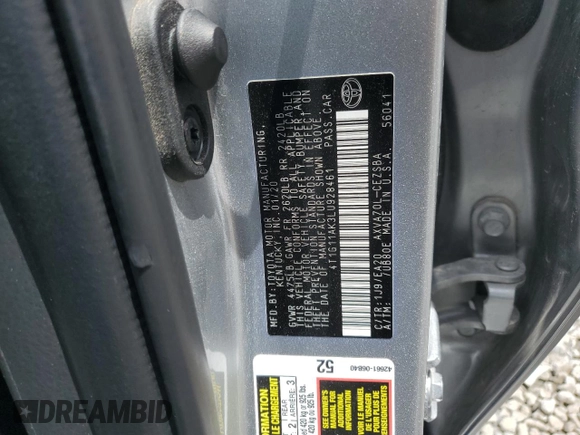 2020 Toyota Camry SE z VIN 4T1G11AK3LU928461, wystawiony jako Copart lot #56128885 z przebiegiem 103 559 mil mil oraz Szkoda całkowita • Salvage title. Historia ofert i sprzedaży dostępna na DreamBid. Obrazek 12.