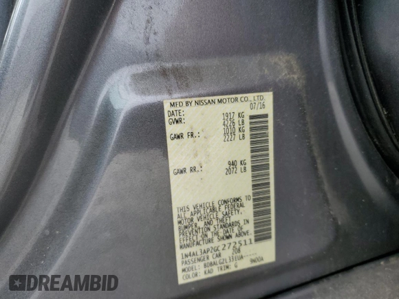 2016 Nissan Altima S with VIN 1N4AL3AP2GC272511, listed as a Copart auction lot 61441105 with 208,048 mi miles and Salvage title. Bid and sale history available at DreamBid. Image 12.