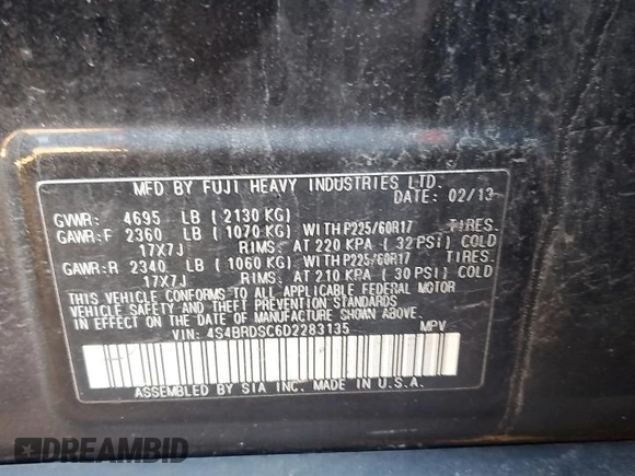2013 Subaru Outback Limited with VIN 4S4BRDSC6D2283135, listed as a Copart auction lot 85311434 with 123,114 mi miles and Non repairable. Bid and sale history available at DreamBid. Image 13.