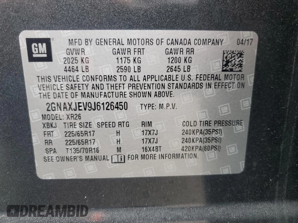 2018 Chevrolet Equinox LT with VIN 2GNAXJEV9J6126450, listed as a Copart auction lot 61061315 with 69,015 mi miles and Salvage title. Bid and sale history available at DreamBid. Image 13.