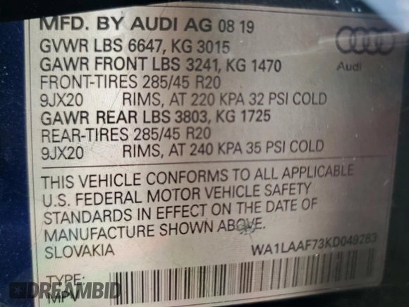 2019 Audi Q7 Premium Plus with VIN WA1LAAF73KD049283, listed as a Copart auction lot 59907545 with 28,985 mi miles and Clean title. Bid and sale history available at DreamBid. Image 14.