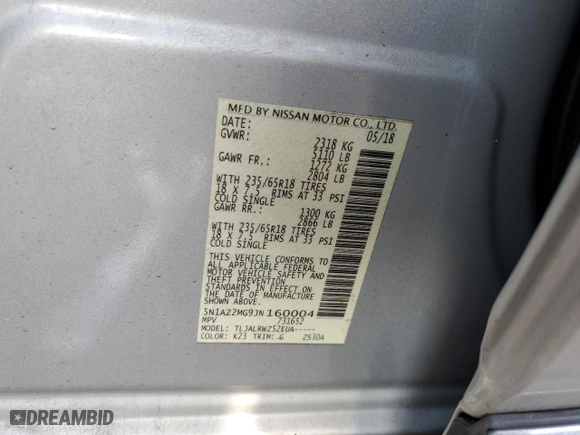 2018 Nissan Murano SV with VIN 5N1AZ2MG9JN160004, listed as a Copart auction lot 43771435 with 48,245 mi miles and Salvage Title. Bid and sale history available at carsss.com. Image 15.