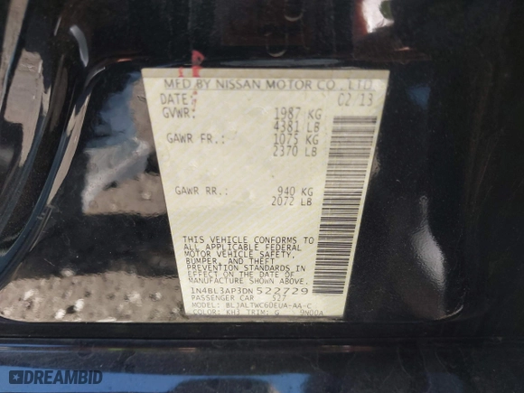 2013 Nissan Altima 3.5 SL with VIN 1N4BL3AP3DN522729, listed as a IAAI auction lot 41339379 with 258,869 mi miles. Bid and sale history available at carsss.com. Image 9.
