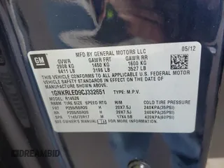 2012 Chevrolet Traverse LTZ z VIN 1GNKRLED9CJ332651, wystawiony jako Copart lot #55253655 z przebiegiem 128 113 mil mil oraz Szkoda całkowita • Salvage title. Historia ofert i sprzedaży dostępna na DreamBid. Obrazek 13.