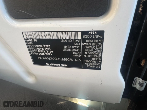 2019 Freightliner Sprinter z VIN WDRPF1CD0KT009249, wystawiony jako Copart lot #45033195 z przebiegiem Nie podano mil oraz Szkody całkowita. Historia ofert i sprzedaży dostępna na DreamBid. Obrazek 10.