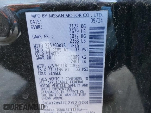 2015 Nissan Rogue SL with VIN 5N1AT2MV4FC762408, listed as a Copart auction lot 51258745 with Not Provided miles and Salvage Title. Bid and sale history available at carsss.com. Image 13.