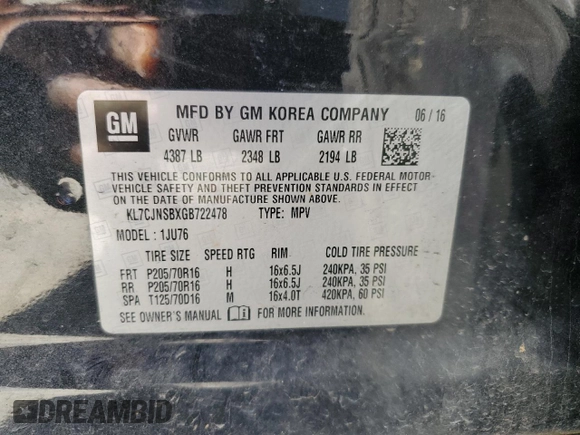 2016 Chevrolet Trax LS with VIN KL7CJNSBXGB722478, listed as a Copart auction lot 52825205 with 103,711 mi miles and Clean Title. Bid and sale history available at carsss.com. Image 13.