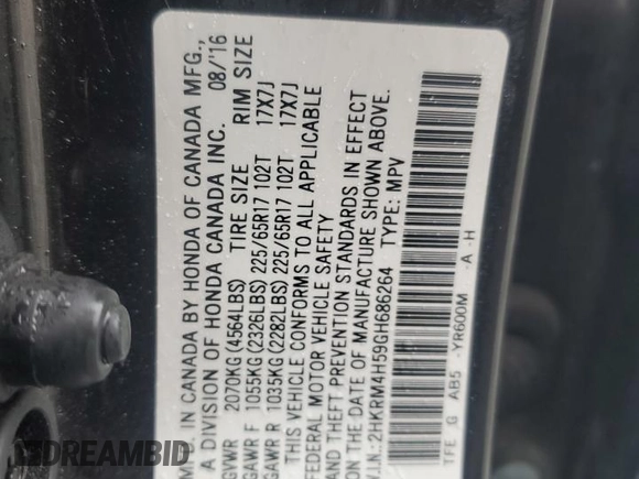 2016 Honda CR-V EX with VIN 2HKRM4H59GH686264, listed as a Copart auction lot 51757595 with 117,476 mi miles and Salvage Title. Bid and sale history available at DreamBid. Image 14.
